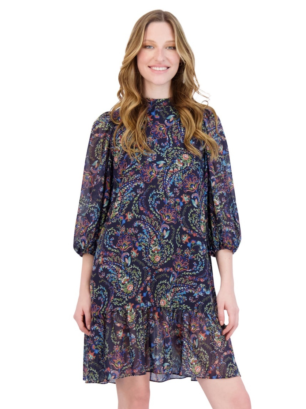 119$ Julia Jordan Navy Multicolor Paisley Ruffle-Hem Long Sleeve Dress